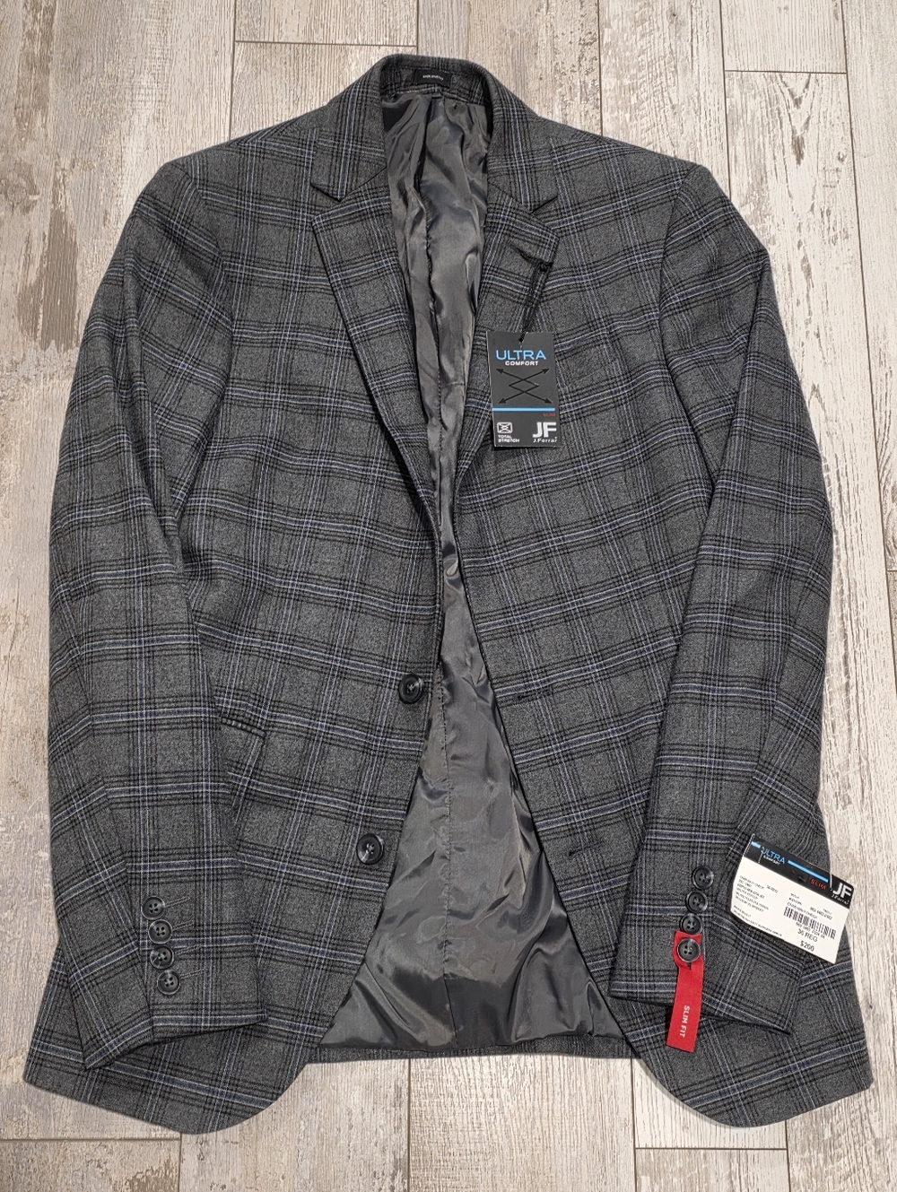 36R Men's JF J. Ferrar Blazer Gray Plaid Slim Fit Sport Coat Brand New With Tags